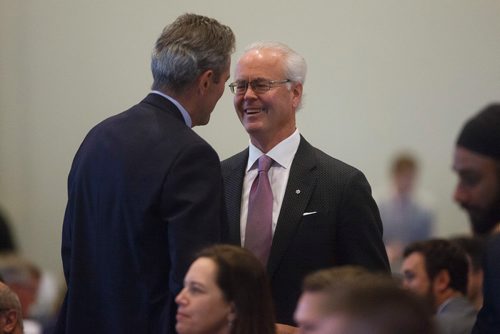 MIKE DEAL / WINNIPEG FREE PRESS
Premier Brian Pallister chats with Harley Richardson before the start of the State of the Province event at RBC Convention Centre Thursday morning.
181206 - Thursday, December 06, 2018.