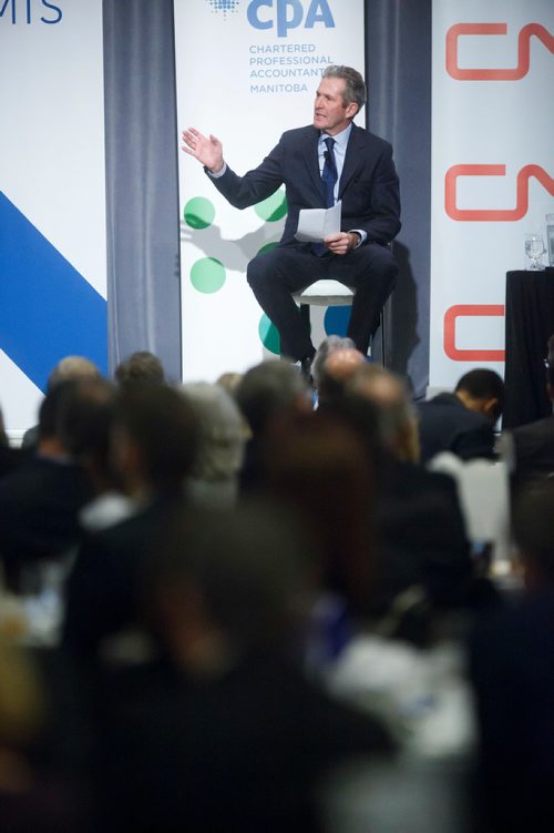 MIKE DEAL / WINNIPEG FREE PRESS
Premier Brian Pallister gives the keynote speech during the State of the Province event at RBC Convention Centre Thursday morning.
181206 - Thursday, December 06, 2018.