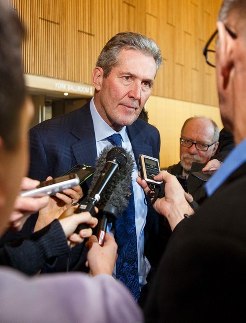 MIKE DEAL / WINNIPEG FREE PRESS
Premier Brian Pallister speaks to the media after delivering his State of the Province speech at the RBC Convention Centre Thursday morning.
181206 - Thursday, December 06, 2018.