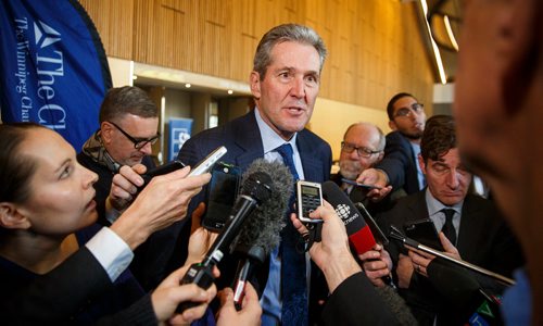 MIKE DEAL / WINNIPEG FREE PRESS
Premier Brian Pallister speaks to the media after delivering his State of the Province speech at the RBC Convention Centre Thursday morning.
181206 - Thursday, December 06, 2018.