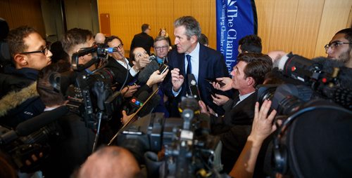 MIKE DEAL / WINNIPEG FREE PRESS
Premier Brian Pallister speaks to the media after delivering his State of the Province speech at the RBC Convention Centre Thursday morning.
181206 - Thursday, December 06, 2018.