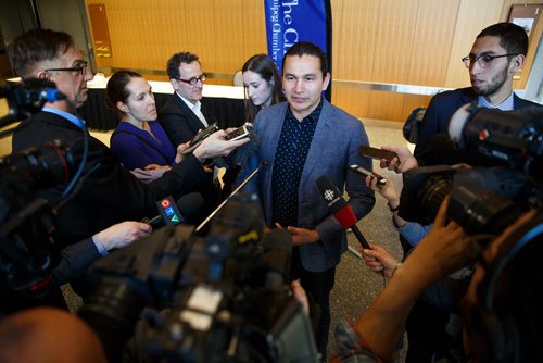 MIKE DEAL / WINNIPEG FREE PRESS
Opposition NDP Leader Wab Kinew speaks to the media after listening to the State of the Province speech at the RBC Convention Centre Thursday morning.
181206 - Thursday, December 06, 2018.