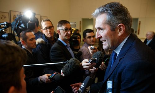 MIKE DEAL / WINNIPEG FREE PRESS
Premier Brian Pallister speaks to the media after delivering his State of the Province speech at the RBC Convention Centre Thursday morning.
181206 - Thursday, December 06, 2018.