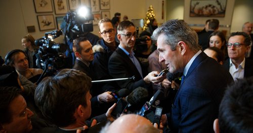 MIKE DEAL / WINNIPEG FREE PRESS
Premier Brian Pallister speaks to the media after delivering his State of the Province speech at the RBC Convention Centre Thursday morning.
181206 - Thursday, December 06, 2018.