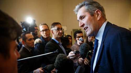 MIKE DEAL / WINNIPEG FREE PRESS
Premier Brian Pallister speaks to the media after delivering his State of the Province speech at the RBC Convention Centre Thursday morning.
181206 - Thursday, December 06, 2018.