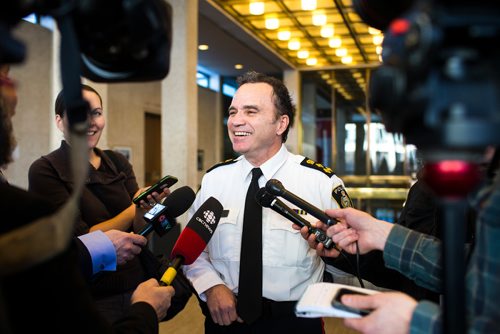 MIKAELA MACKENZIE / WINNIPEG FREE PRESS
Chief of Police Danny Smyth scrums after the police board meeting at City Hall in Winnipeg on Friday, Dec. 7, 2018.
Winnipeg Free Press 2018.