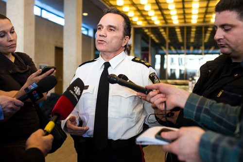 MIKAELA MACKENZIE / WINNIPEG FREE PRESS
Chief of Police Danny Smyth scrums after the police board meeting at City Hall in Winnipeg on Friday, Dec. 7, 2018.
Winnipeg Free Press 2018.