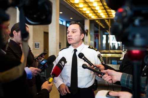 MIKAELA MACKENZIE / WINNIPEG FREE PRESS
Chief of Police Danny Smyth scrums after the police board meeting at City Hall in Winnipeg on Friday, Dec. 7, 2018.
Winnipeg Free Press 2018.