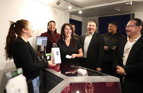 RUTH BONNEVILLE / WINNIPEG FREE PRESS

Long Plains Cannabis store opens. 

Cindy Allard is all smiles after being the 1st customer to purchase cannabis at Manitoba Long Plain First Nation Cannabis store on Friday.  

Also in photo is the store manager, Heather Pelletier (left),  Opaskwayak Cree Nation (OCN) chief - Christian Sinclair (red jacket) and Long Plains Chief Dennis Meeches (black jacket) as well as other band members.  

Meta Cannabis Supply Co. Manitoba First Nations first for the City of Winnipeg, Long Plain First Nation, and National Access Cannabis, opened their first legal recreational cannabis store on a Winnipeg urban reserve Friday at 420 Madison Street. Friday.
  
This is the third First Nations retail store launched with National Access Cannabis, the second with Long Plain First Nation and the fifth META store in the province. It will be staffed by Long Plain members that have been trained using NACs proprietary model to ensure safe, secure and responsible distribution of legal cannabis.

See Alex Paul story. 

Dec 7th, 2018