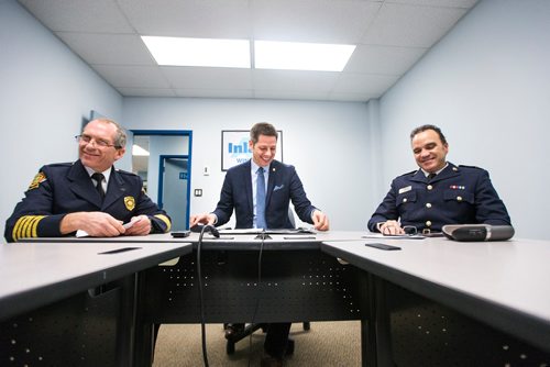 MIKAELA MACKENZIE / WINNIPEG FREE PRESS
Winnipeg Fire & Paramedic Service Chief John Lane (left), Mayor Brian Bowman, and Winnipeg Police Chief Danny Smyth prepare to videoconference with the parliamentary Standing Committee on Health, which is currently studying the impacts of methamphetamine abuse in Canada, at Inland AV in Winnipeg on Tuesday, Dec. 11, 2018. 
Winnipeg Free Press 2018.