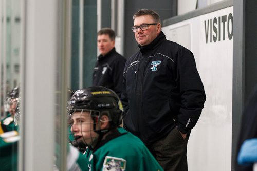 MIKE DEAL / WINNIPEG FREE PRESS
The Portage Terriers' head coach Blake Spiller watches the play during the second period of a regular MJHL season game against the Swan Valley Stampeders being held at the Seven Oaks Sportsplex Tuesday afternoon.
181211 - Tuesday, December 11, 2018.