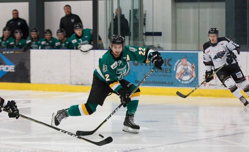 MIKE DEAL / WINNIPEG FREE PRESS
The Portage Terriers' Braden Billaney (22) fires the puck at  the Swan Valley Stampeders net during the second period of a regular MJHL season game being held at the Seven Oaks Sportsplex Tuesday afternoon.
181211 - Tuesday, December 11, 2018.