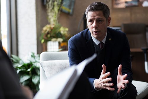 MIKAELA MACKENZIE / WINNIPEG FREE PRESS
Mayor Brian Bowman sits down for an interview with the Free Press about the meth crisis while in his office at City Hall in Winnipeg on Wednesday, Dec. 12, 2018. 
Winnipeg Free Press 2018.