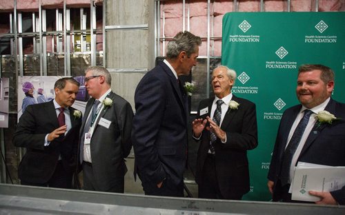 MIKE DEAL / WINNIPEG FREE PRESS
During an announcement at the Health Sciences Centre with Premier Brian Pallister, Jonathon Lyon, President and CEO of the HSC Foundation, Ronan Segrave, Interim COO for HSC Winnipeg and others, Mr. Paul Albrechtsen a local businessman and philanthropist donates $5 million to the HSC Foundation which will use the money to develop new interventional angiography facilities including new specialized equipment.
(from left) Cameron Friesen, Minister of Health, Seniors and Active Living, Ronan Segrave, Interim COO for HSC Winnipeg, Premier Brian Pallister, Mr. Paul Albrechtsen and Jonathon Lyon, President and CEO of the HSC Foundation.
181212 - Wednesday, December 12, 2018.
