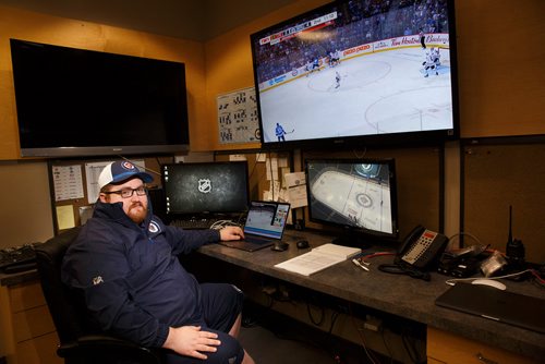 MIKE DEAL / WINNIPEG FREE PRESS
Winnipeg Jets video coach Matt Prefontaine working in his office by the Winnipeg Jets dressing room at Bell MTS Place.
181212 - Wednesday, December 12, 2018.