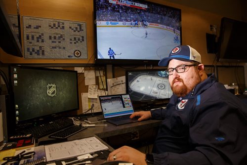 MIKE DEAL / WINNIPEG FREE PRESS
Winnipeg Jets video coach Matt Prefontaine working in his office by the Winnipeg Jets dressing room at Bell MTS Place.
181212 - Wednesday, December 12, 2018.