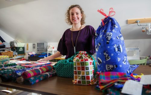 MIKE DEAL / WINNIPEG FREE PRESS
Anna-Marie Janzen in her sewing studio where she runs her home business, Reclaim Mending. One of the products she offers is an alternative to paper gift wrap. She makes cloth bags of various sizes and for those who still want to wrap their gifts she has cloth sheets about 32" by 45".
181213 - Thursday, December 13, 2018.