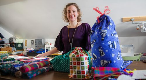 MIKE DEAL / WINNIPEG FREE PRESS
Anna-Marie Janzen in her sewing studio where she runs her home business, Reclaim Mending. One of the products she offers is an alternative to paper gift wrap. She makes cloth bags of various sizes and for those who still want to wrap their gifts she has cloth sheets about 32" by 45".
181213 - Thursday, December 13, 2018.