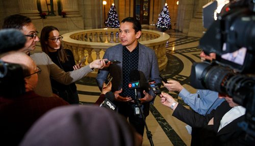 MIKE DEAL / WINNIPEG FREE PRESS
Opposition NDP leader Wab Kinew speaks to the media regarding new documents that his party believes reveal Brian Pallisters plan to privatize parts of Manitoba Hydro.
181214 - Friday, December 14, 2018.