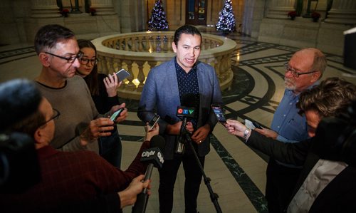 MIKE DEAL / WINNIPEG FREE PRESS
Opposition NDP leader Wab Kinew speaks to the media regarding new documents that his party believes reveal Brian Pallisters plan to privatize parts of Manitoba Hydro.
181214 - Friday, December 14, 2018.