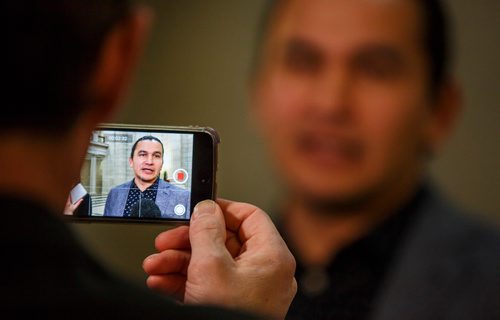 MIKE DEAL / WINNIPEG FREE PRESS
Opposition NDP leader Wab Kinew speaks to the media regarding new documents that his party believes reveal Brian Pallisters plan to privatize parts of Manitoba Hydro.
181214 - Friday, December 14, 2018.