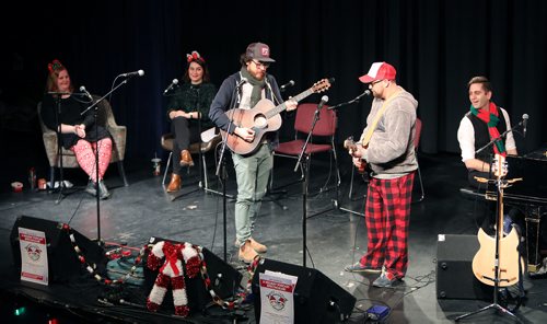 JASON HALSTEAD / WINNIPEG FREE PRESS

L-R: Winnipeg Free Press writers Erin Lebar and Jen Zoratti and special guests, musicians JP Hoe, Rusty Matyas and Sandy Taronno at the Free Press Bury the Lede Live: A Holiday Podcast Spectacular event at the West End Cultural Centre on Dec. 16, 2018. The event raised funds for Miracle on Mountain, the Free Press fundraising campaign in support of the Christmas Cheer Board.