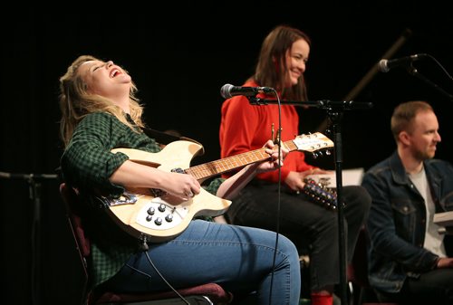 JASON HALSTEAD / WINNIPEG FREE PRESS

Stefanie Johnson (left) and Jodi Dunlop of band Mise en Scene perform with Colin McTavish from band the Treble at the Winnipeg Free Press Bury the Lede Live: A Holiday Podcast Spectacular event at the West End Cultural Centre on Dec. 16, 2018. The event raised funds for Miracle on Mountain, the Free Press fundraising campaign in support of the Christmas Cheer Board.