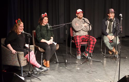 JASON HALSTEAD / WINNIPEG FREE PRESS

L-R: Winnipeg Free Press writers Erin Lebar and Jen Zoratti and special guests, musicians Rusty Matyas and JP Hoe at the Free Press Bury the Lede Live: A Holiday Podcast Spectacular event at the West End Cultural Centre on Dec. 16, 2018. The event raised funds for Miracle on Mountain, the Free Press fundraising campaign in support of the Christmas Cheer Board.