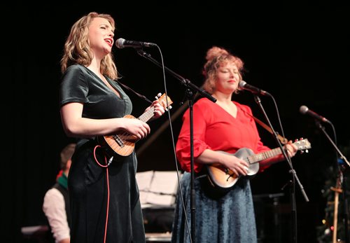 JASON HALSTEAD / WINNIPEG FREE PRESS

Brittany Thiessen (left) and Heather Thomas of the band BUNNY perform at the Winnipeg Free Press Bury the Lede Live: A Holiday Podcast Spectacular event at the West End Cultural Centre on Dec. 16, 2018. The event raised funds for Miracle on Mountain, the Free Press fundraising campaign in support of the Christmas Cheer Board.