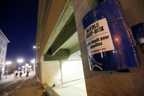 JOHN WOODS / WINNIPEG FREE PRESS
A needle drop box on the side of the WRHA building on Henry at Main photographed Monday, December 17, 2018.