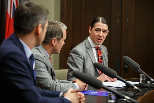 MIKE DEAL / WINNIPEG FREE PRESS
Winnipeg Mayor Brian Bowman Cameron Friesen Provincial Health, Seniors and Active Living Minister, and Robert-Falcon Ouellette, MP for Winnipeg Centre announce that they have formed the Illicit Drug Task Force to address and respond to the rapid increase in the distribution and use of methamphetamine and other substances.
181218 - Tuesday, December 18, 2018.