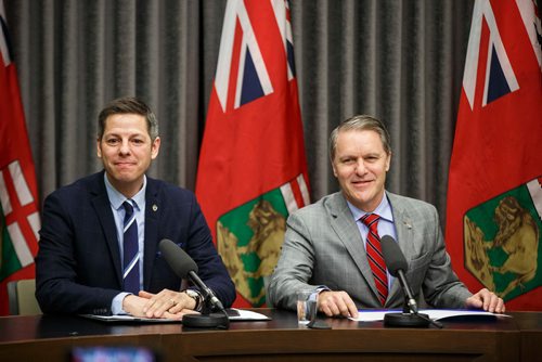 MIKE DEAL / WINNIPEG FREE PRESS
Winnipeg Mayor Brian Bowman Cameron Friesen Provincial Health, Seniors and Active Living Minister, and Robert-Falcon Ouellette, MP for Winnipeg Centre announce that they have formed the Illicit Drug Task Force to address and respond to the rapid increase in the distribution and use of methamphetamine and other substances.
181218 - Tuesday, December 18, 2018.