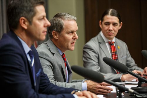 MIKE DEAL / WINNIPEG FREE PRESS
Winnipeg Mayor Brian Bowman Cameron Friesen Provincial Health, Seniors and Active Living Minister, and Robert-Falcon Ouellette, MP for Winnipeg Centre announce that they have formed the Illicit Drug Task Force to address and respond to the rapid increase in the distribution and use of methamphetamine and other substances.
181218 - Tuesday, December 18, 2018.