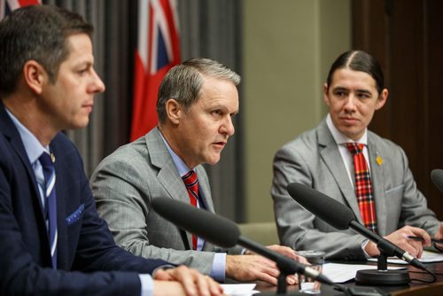 MIKE DEAL / WINNIPEG FREE PRESS
Winnipeg Mayor Brian Bowman Cameron Friesen Provincial Health, Seniors and Active Living Minister, and Robert-Falcon Ouellette, MP for Winnipeg Centre announce that they have formed the Illicit Drug Task Force to address and respond to the rapid increase in the distribution and use of methamphetamine and other substances.
181218 - Tuesday, December 18, 2018.