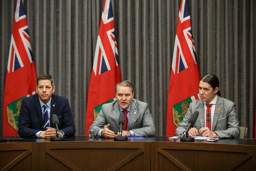 MIKE DEAL / WINNIPEG FREE PRESS
Winnipeg Mayor Brian Bowman Cameron Friesen Provincial Health, Seniors and Active Living Minister, and Robert-Falcon Ouellette, MP for Winnipeg Centre announce that they have formed the Illicit Drug Task Force to address and respond to the rapid increase in the distribution and use of methamphetamine and other substances.
181218 - Tuesday, December 18, 2018.