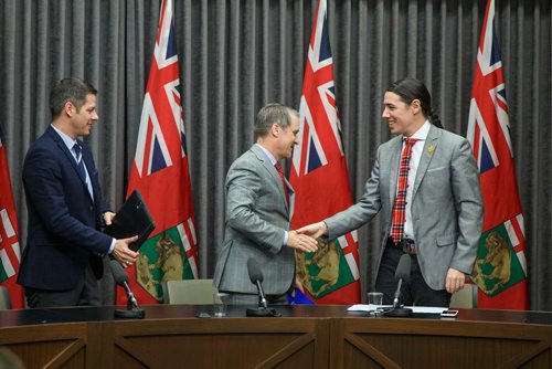 MIKE DEAL / WINNIPEG FREE PRESS
Winnipeg Mayor Brian Bowman Cameron Friesen Provincial Health, Seniors and Active Living Minister, and Robert-Falcon Ouellette, MP for Winnipeg Centre announce that they have formed the Illicit Drug Task Force to address and respond to the rapid increase in the distribution and use of methamphetamine and other substances.
181218 - Tuesday, December 18, 2018.