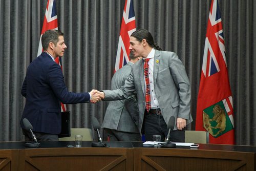 MIKE DEAL / WINNIPEG FREE PRESS
Winnipeg Mayor Brian Bowman Cameron Friesen Provincial Health, Seniors and Active Living Minister, and Robert-Falcon Ouellette, MP for Winnipeg Centre announce that they have formed the Illicit Drug Task Force to address and respond to the rapid increase in the distribution and use of methamphetamine and other substances.
181218 - Tuesday, December 18, 2018.