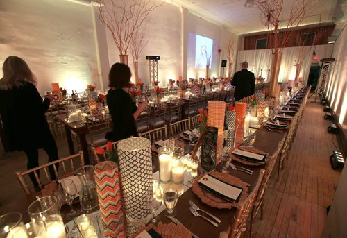 JASON HALSTEAD / WINNIPEG FREE PRESS

The dining set-up at the Pop Up Soirée sneak-peek event for Main Street Project's new home at the former Mitchell Fabrics building at 637 Main St. on Nov. 8, 2018. (See Social Page)