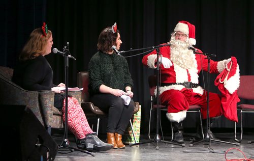 JASON HALSTEAD / WINNIPEG FREE PRESS

L-R: Winnipeg Free Press writers Erin Lebar and Jen Zoratti and Santa Claus (a.k.a. Free Press columnist Doug Speirs) at the Free Press Bury the Lede Live: A Holiday Podcast Spectacular event at the West End Cultural Centre on Dec. 16, 2018. The event raised funds for Miracle on Mountain, the Free Press fundraising campaign in support of the Christmas Cheer Board. (See Social Page)