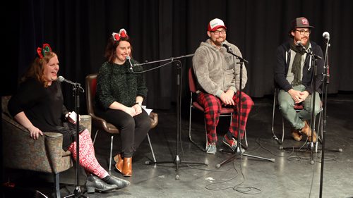 JASON HALSTEAD / WINNIPEG FREE PRESS

L-R: Winnipeg Free Press writers Erin Lebar and Jen Zoratti and special guests, musicians Rusty Matyas and JP Hoe, at the Free Press Bury the Lede Live: A Holiday Podcast Spectacular event at the West End Cultural Centre on Dec. 16, 2018. The event raised funds for Miracle on Mountain, the Free Press fundraising campaign in support of the Christmas Cheer Board. (See Social Page)
