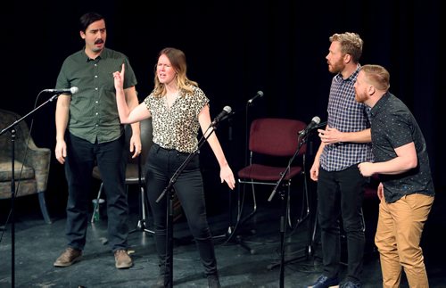 JASON HALSTEAD / WINNIPEG FREE PRESS

L-R: Members of sketch comedy group HUNKS, Tim Gray, Dana Smith, Matt Nightingale and Quinn Greene, perform at the Free Press Bury the Lede Live: A Holiday Podcast Spectacular event at the West End Cultural Centre on Dec. 16, 2018. The event raised funds for Miracle on Mountain, the Free Press fundraising campaign in support of the Christmas Cheer Board. (See Social Page)
