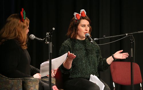 JASON HALSTEAD / WINNIPEG FREE PRESS

L-R: Winnipeg Free Press writers Erin Lebar and Jen Zoratti host the Winnipeg Free Press Bury the Lede Live: A Holiday Podcast Spectacular event at the West End Cultural Centre on Dec. 16, 2018. (See Social Page)