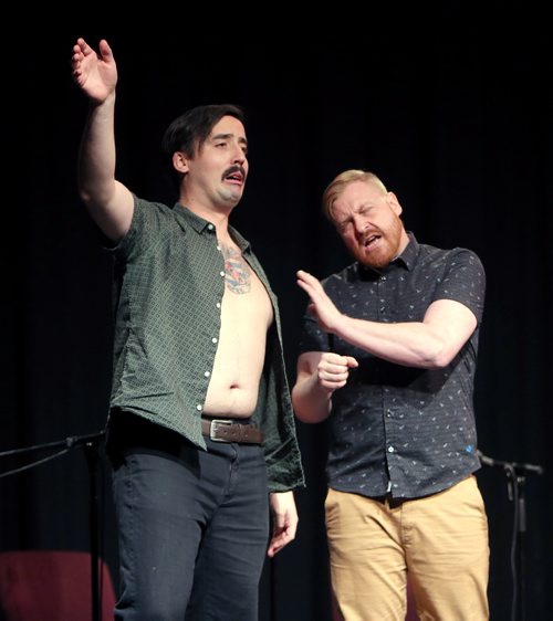 JASON HALSTEAD / WINNIPEG FREE PRESS

L-R: Members of sketch comedy group HUNKS, Tim Gray and Quinn Greene, perform at the Free Press Bury the Lede Live: A Holiday Podcast Spectacular event at the West End Cultural Centre on Dec. 16, 2018. The event raised funds for Miracle on Mountain, the Free Press fundraising campaign in support of the Christmas Cheer Board. (See Social Page)