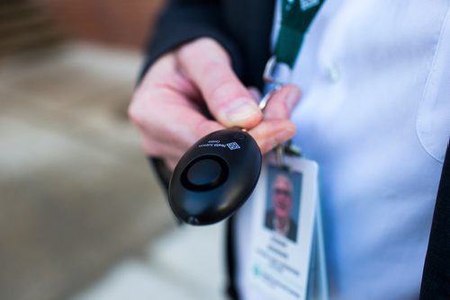 MIKAELA MACKENZIE / WINNIPEG FREE PRESS
Ronan Segrave, the interim CEO of HSC, shows off the new personal alarm devices in Winnipeg on Tuesday, Dec. 18, 2018. 
Winnipeg Free Press 2018.