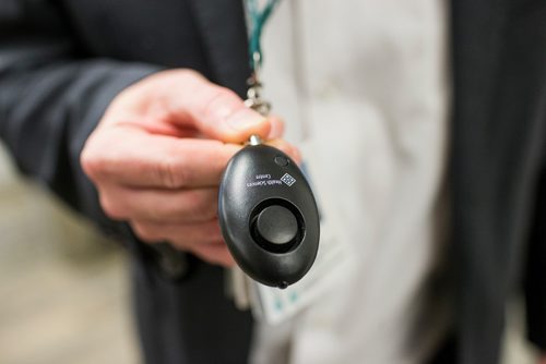 MIKAELA MACKENZIE / WINNIPEG FREE PRESS
Ronan Segrave, the interim CEO of HSC, shows off the new personal alarm devices in Winnipeg on Tuesday, Dec. 18, 2018. 
Winnipeg Free Press 2018.