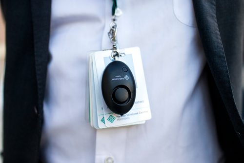 MIKAELA MACKENZIE / WINNIPEG FREE PRESS
Ronan Segrave, the interim CEO of HSC, shows off the new personal alarm devices in Winnipeg on Tuesday, Dec. 18, 2018. 
Winnipeg Free Press 2018.