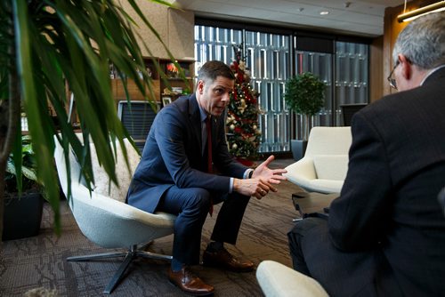 MIKE DEAL / WINNIPEG FREE PRESS
Winnipeg Mayor Brian Bowman during the end of year interview with reporter Aldo Santin.
181219 - Wednesday, December 19, 2018.