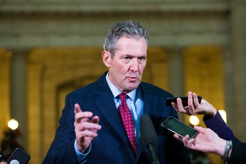 MIKAELA MACKENZIE / WINNIPEG FREE PRESS
Premier Brian Pallister speaks to the media about allegedly illegal cannabis sold in Saskatchewan by Manitoba company Bonify in Winnipeg on Thursday, Dec. 20, 2018. 
Winnipeg Free Press 2018.