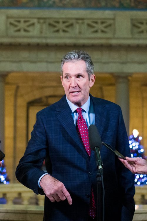 MIKAELA MACKENZIE / WINNIPEG FREE PRESS
Premier Brian Pallister speaks to the media about allegedly illegal cannabis sold in Saskatchewan by Manitoba company Bonify in Winnipeg on Thursday, Dec. 20, 2018. 
Winnipeg Free Press 2018.