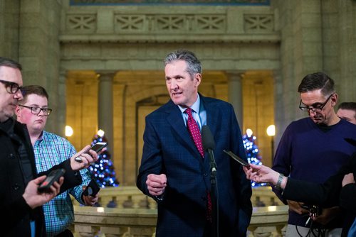 MIKAELA MACKENZIE / WINNIPEG FREE PRESS
Premier Brian Pallister speaks to the media about allegedly illegal cannabis sold in Saskatchewan by Manitoba company Bonify in Winnipeg on Thursday, Dec. 20, 2018. 
Winnipeg Free Press 2018.